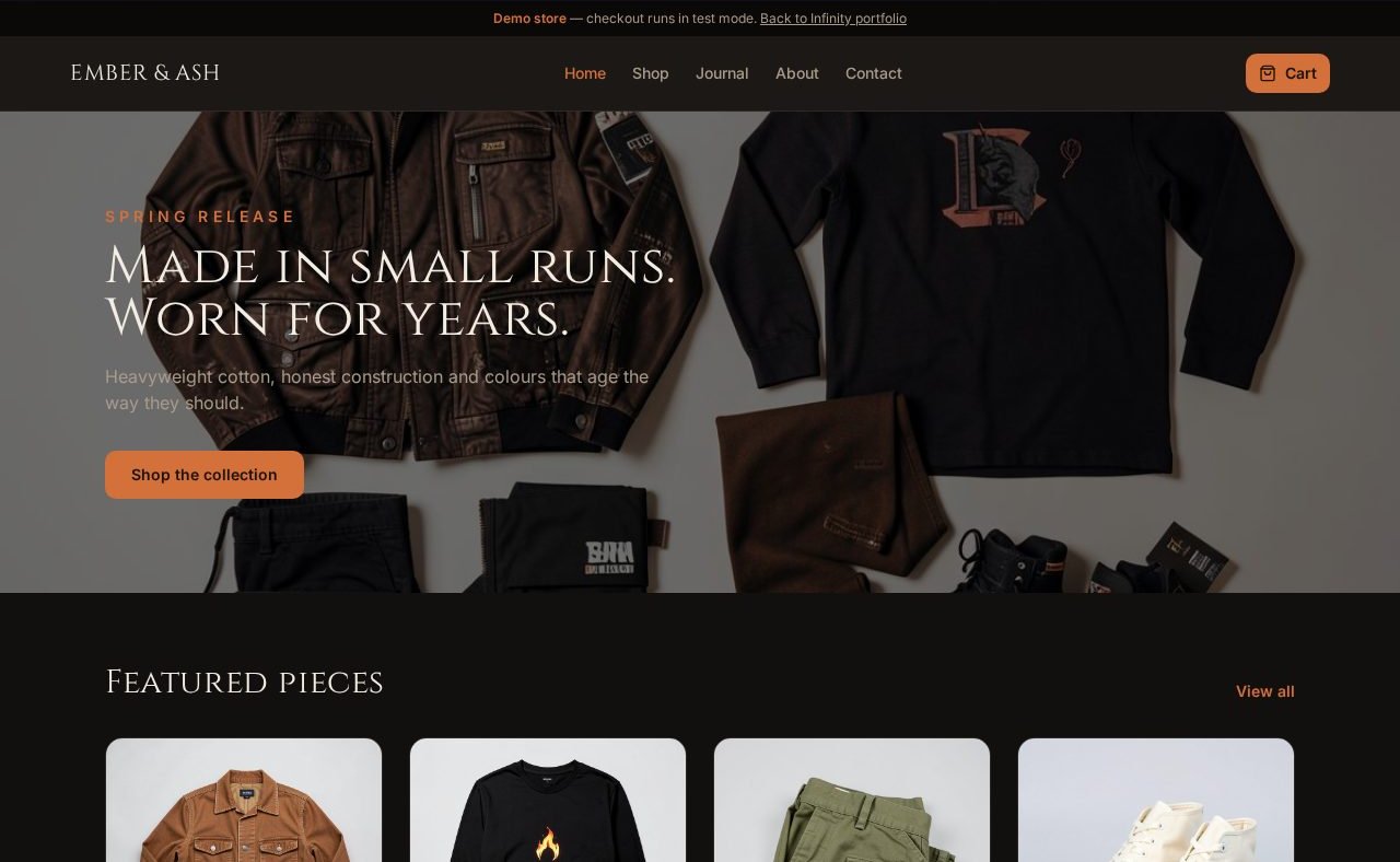 Screenshot of the Ember & Ash Apparel website
